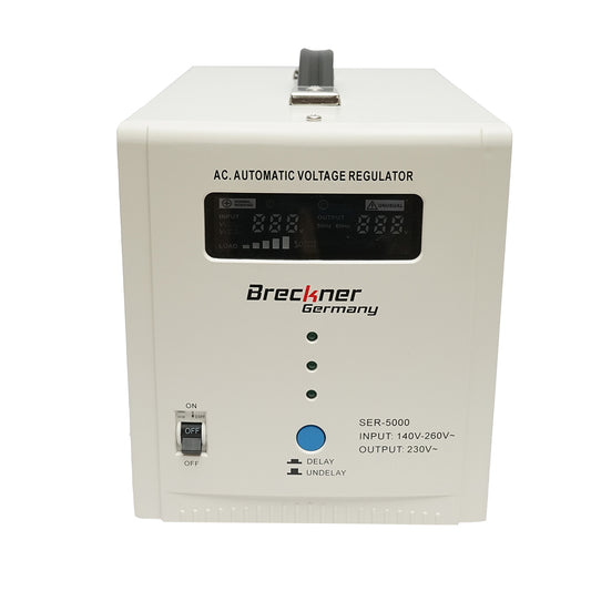 Automatic single-phase voltage stabilizer with relay 5000VA/140-260V, 2 Schuko sockets 230V, LCD display Breckner Germany