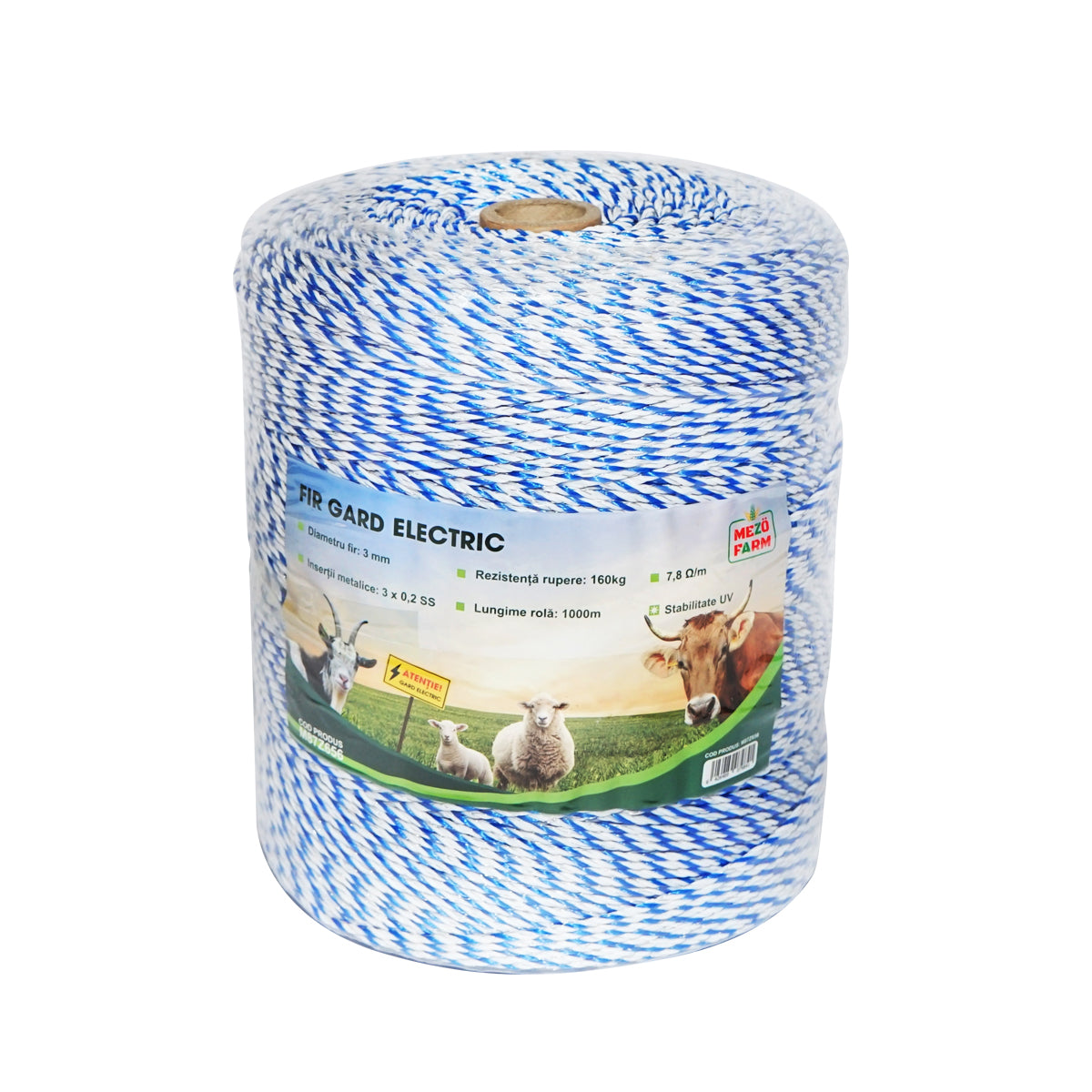 White-blue wire roll 3mm with metal insert 3x0.2mm SS, resistance 7.8 Ohm/m, 1000m electric fence Mezofarm