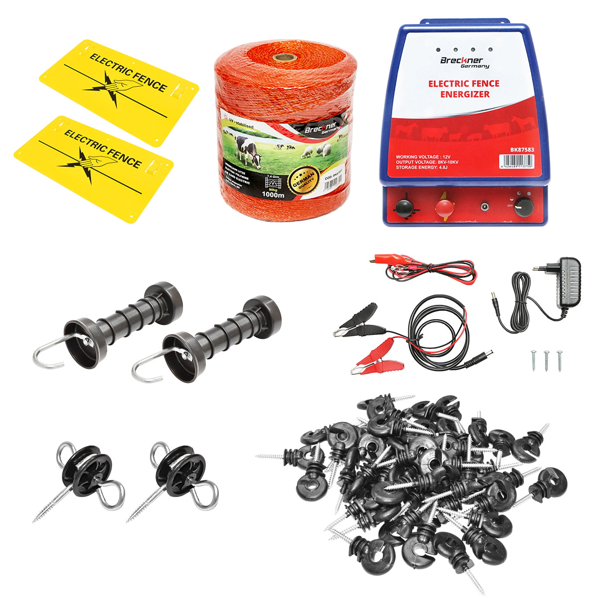 Complete electric fence kit 12/220V, 4.8 Joules, wire length 1000m, 100 insulators, and warning plates Breckner Germany