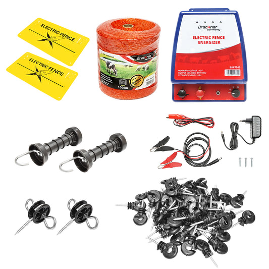 Complete electric fence kit 12/220V, 4.8 Joules, wire length 1000m, 100 insulators, and warning plates Breckner Germany