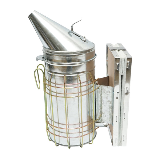 Bee smoker made of galvanized steel with a thermal shield cylinder and leather bellows 190mm