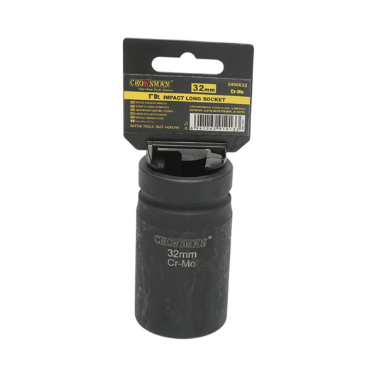 32mm long impact socket, 1 inch square, Cr-Mo material, DIN 3121 standard, industrial Crownman