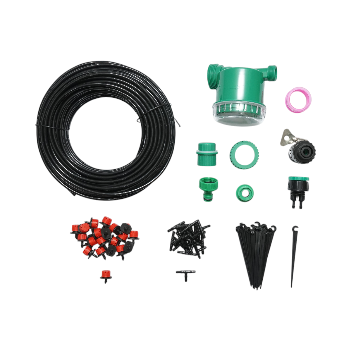 Complete drip irrigation kit with 25m hose, timer, nozzles, connectors, fixing stakes 66 pieces