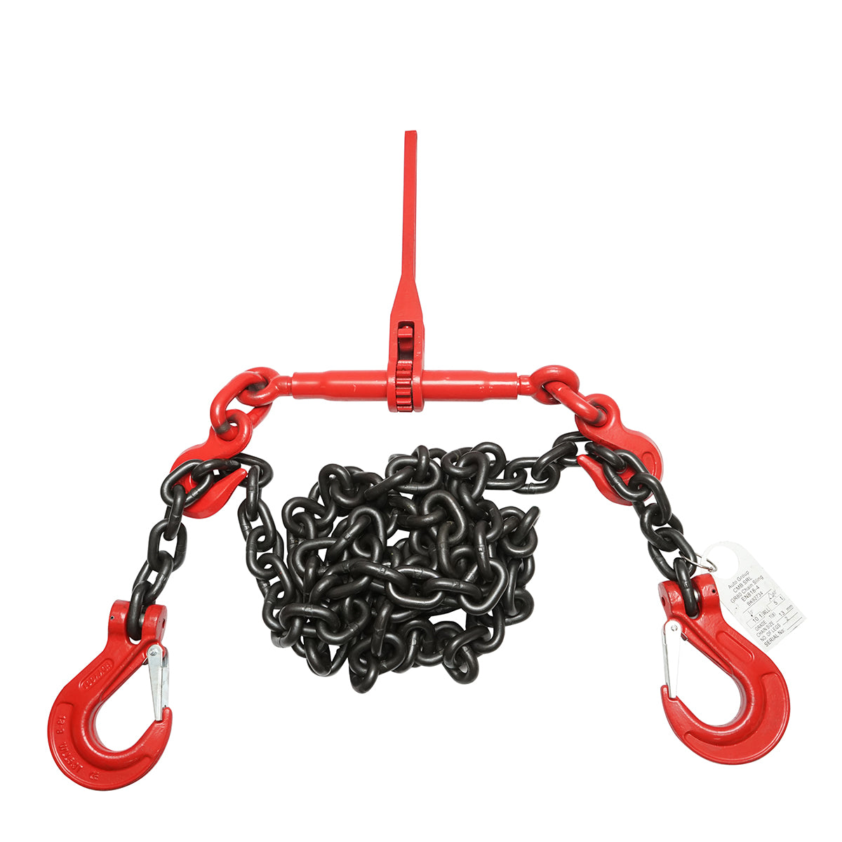 Anchor chain for heavy machinery with a ratchet tensioning device, load capacity 10T, chain length 4m, link thickness 13mm.
