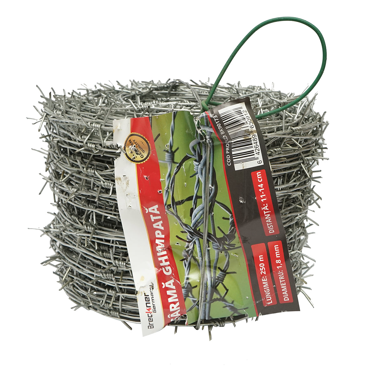 Galvanized barbed wire roll 250m, distance between barbs 11-14cm, for fencing.