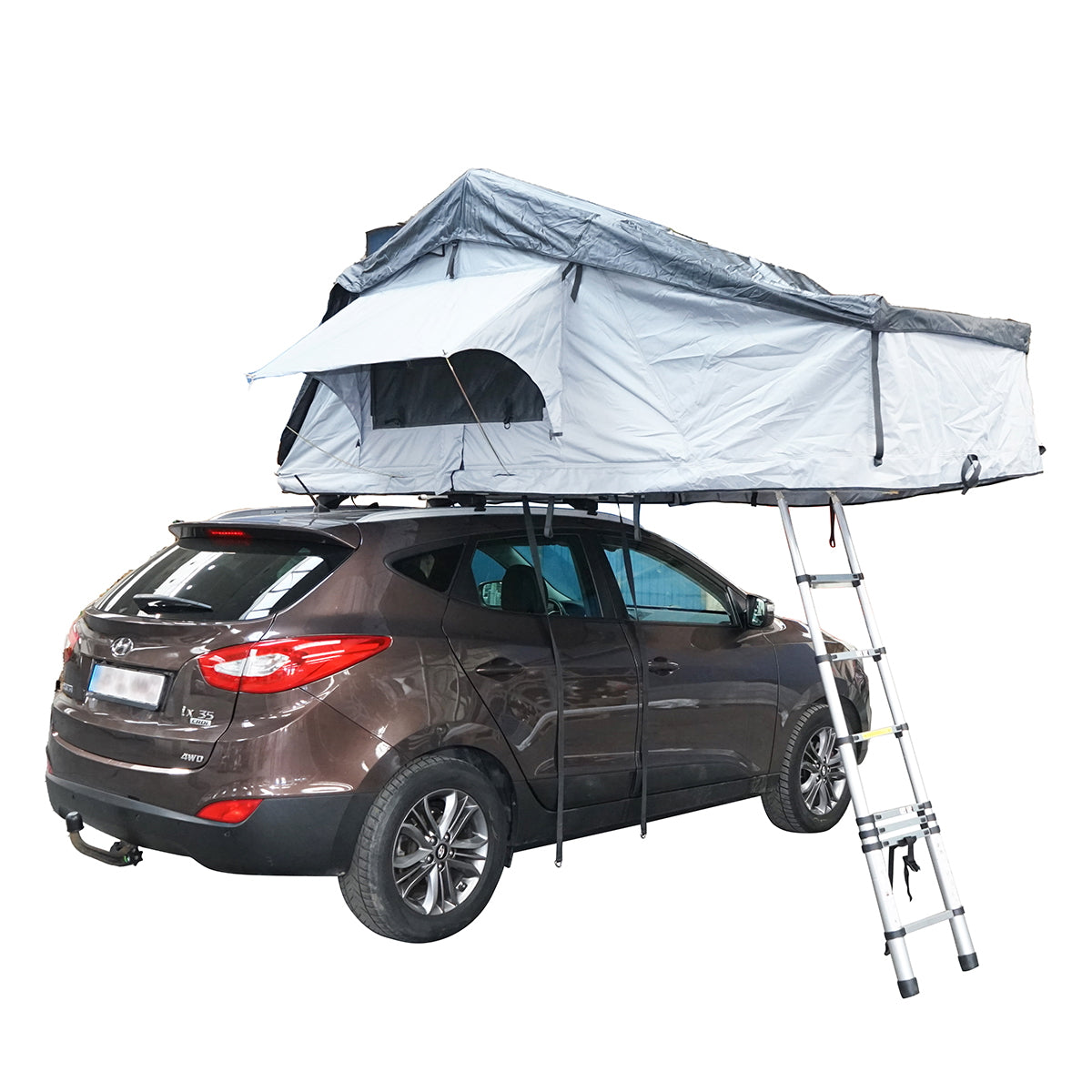 Waterproof car tent for 2 people, ceiling attachment with extension, platform, and ladder