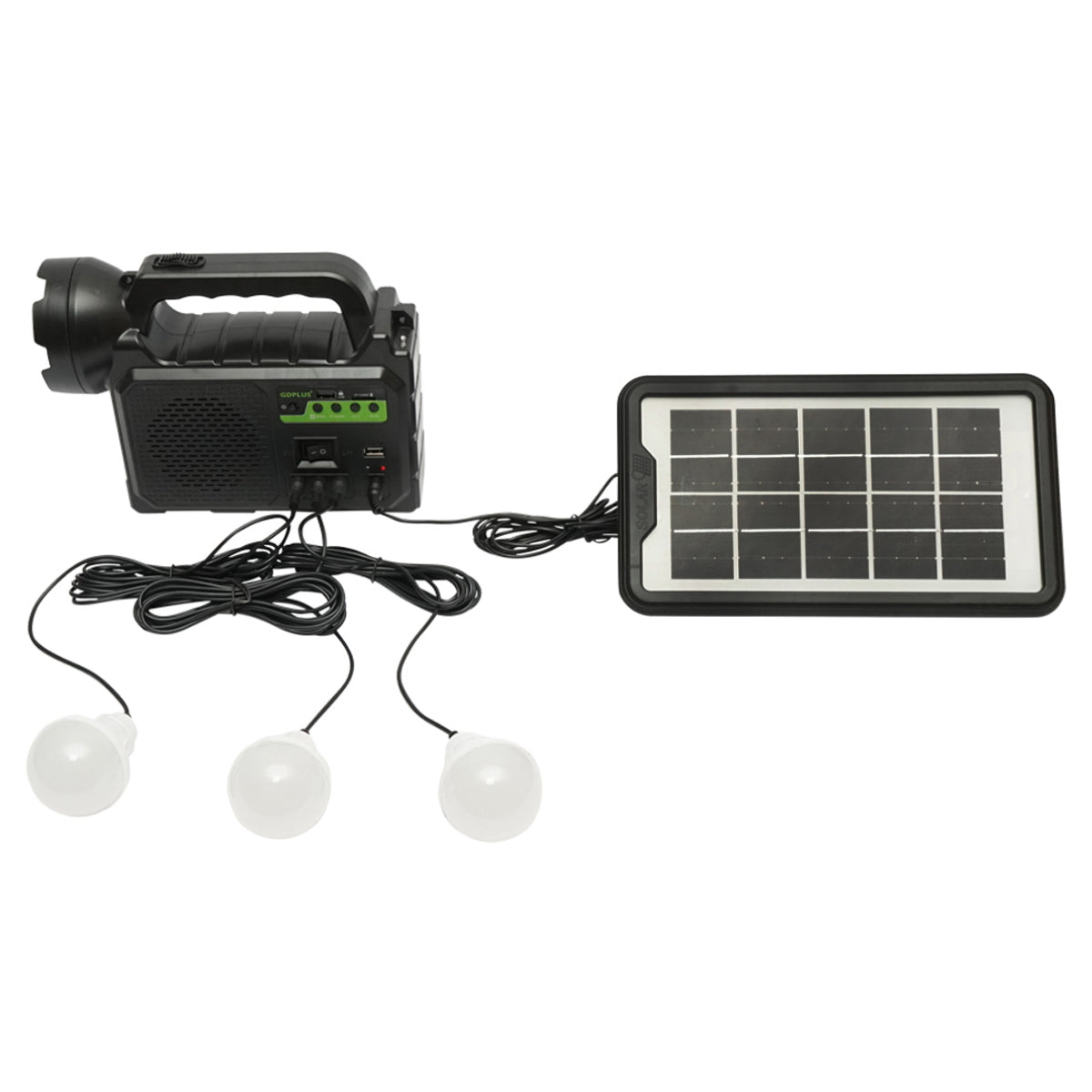 Portable LED lighting kit with 3 bulbs/projector, FM radio, MP3, solar panel, and 3.7V, 4500 mAh battery for fishing camping GD-P30FM