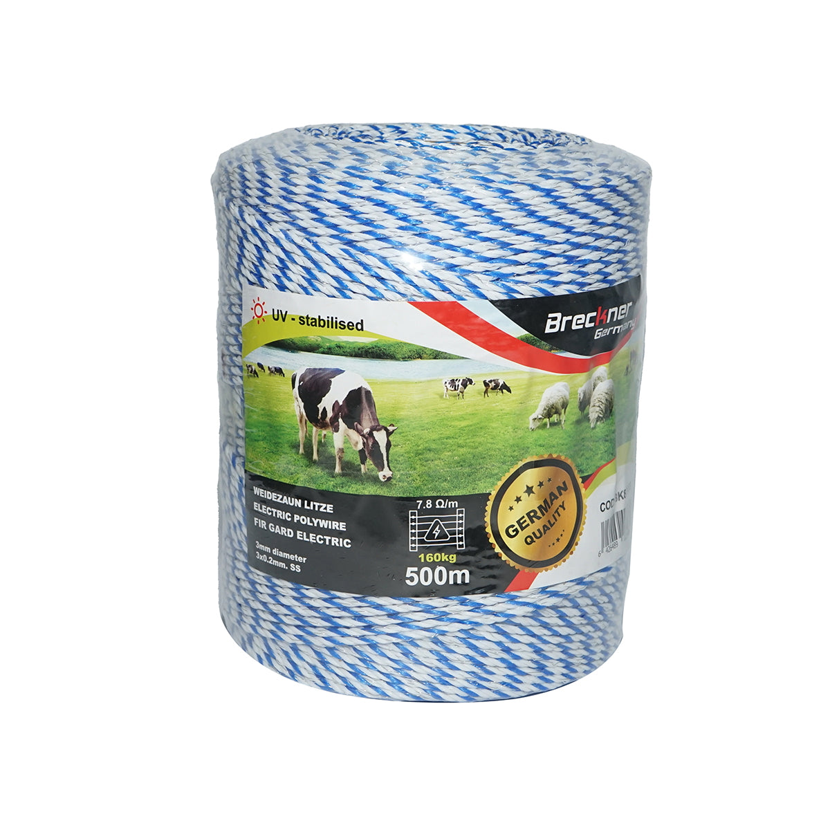 Roll of white-blue wire 3mm 3x0.2mm SS, 7.8 Ohm/m, 500m electric fence Breckner Germany