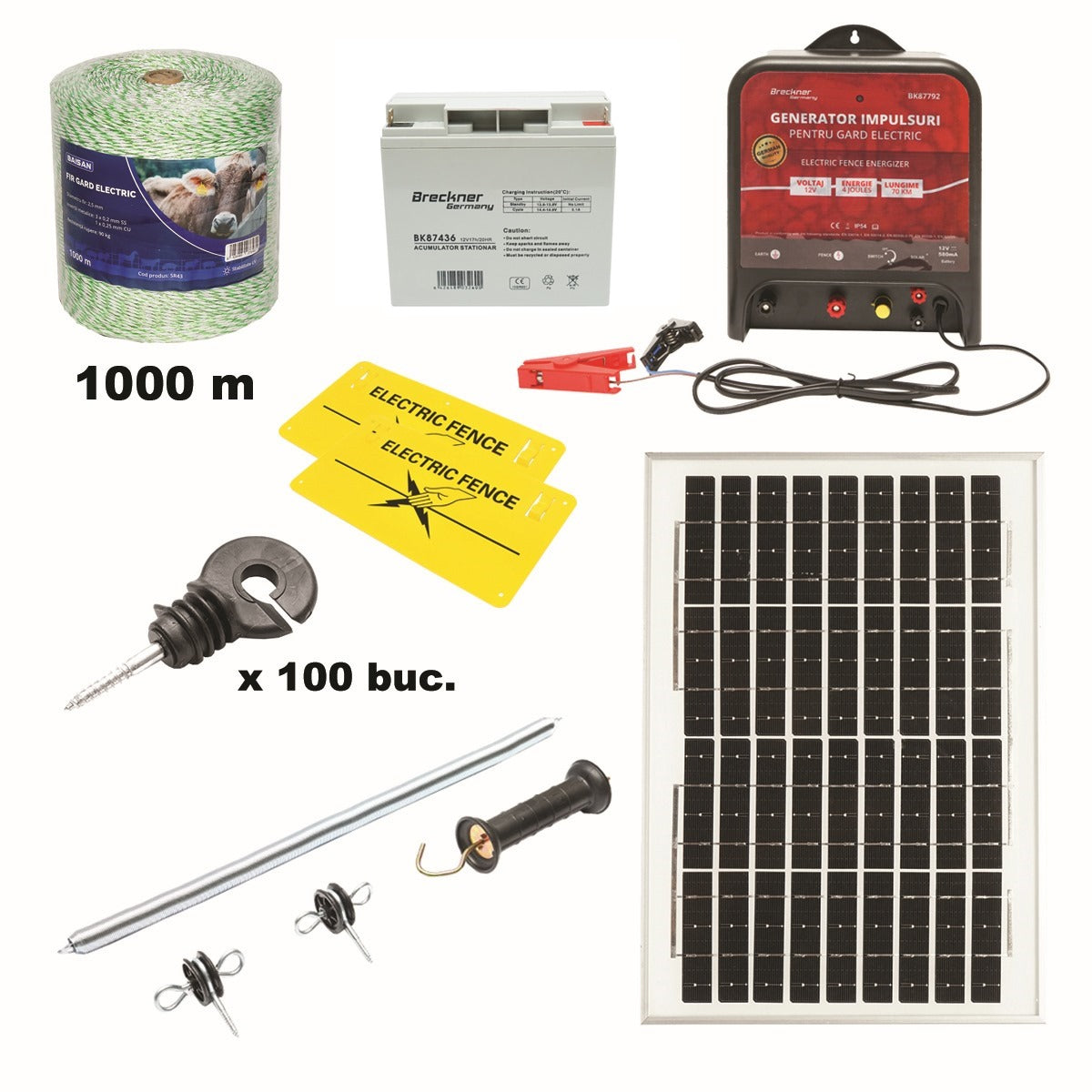 Complete electric fence kit 12V, 4 Joules with 20W solar panel, 1000m wire length, 100 insulators, handle, gate, and 2 warning signs Breckner Germany