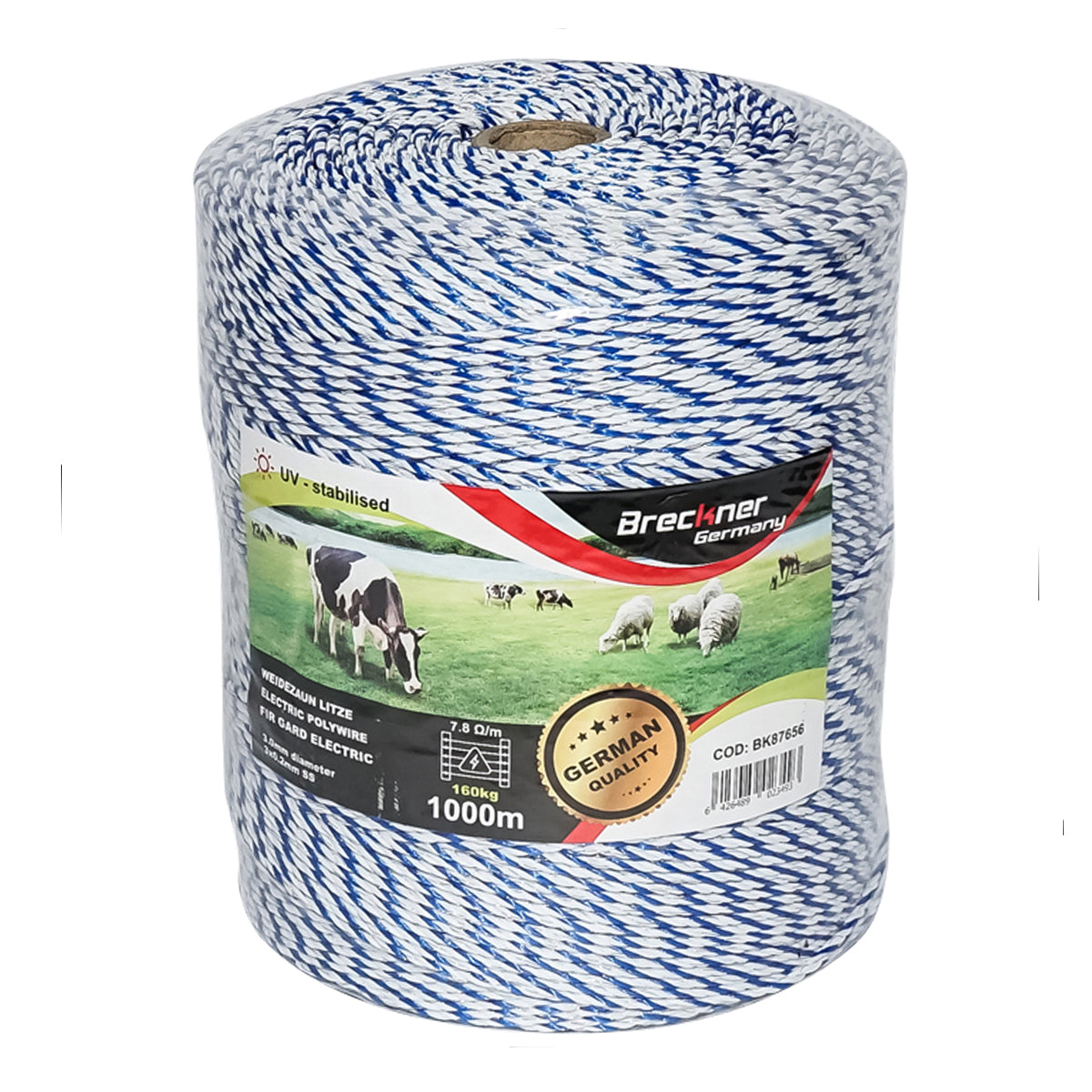 White-blue wire roll 3mm. 3x0.2mm. SS, 7.8 Ohm/m, 1000m electric fence Breckner Germany