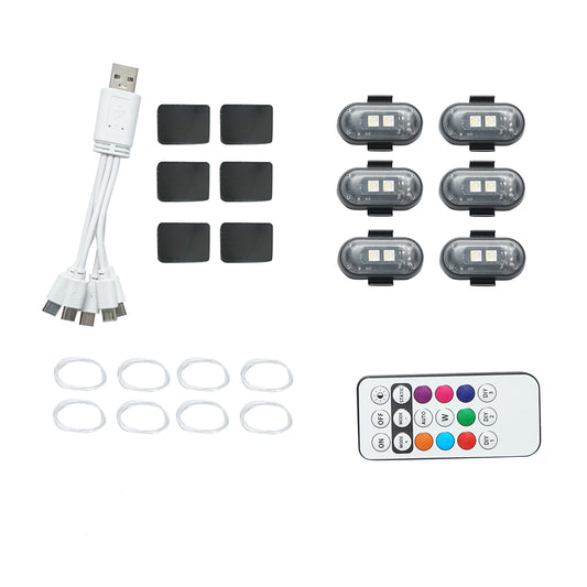 Set of 6 RGB strobe LED lights with remote control, 10 modes, 8 colors, 110mAh rechargeable lithium battery USB-C IP65
