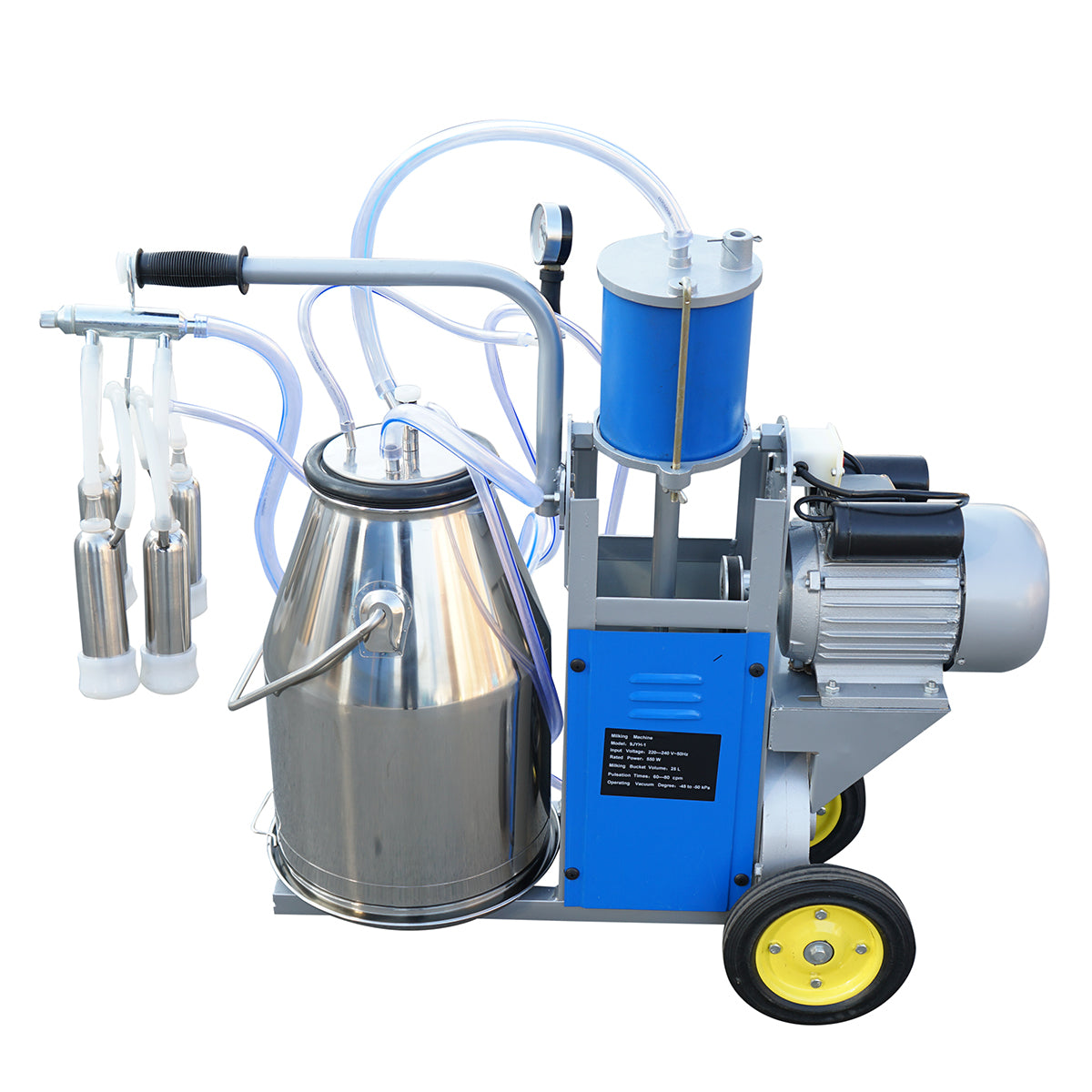 Single post milking machine 550W, 220V stainless steel 25L tank, milking group with 4 teats, vacuum pressure 45-50 kPa, pulsations 60-80 cpm