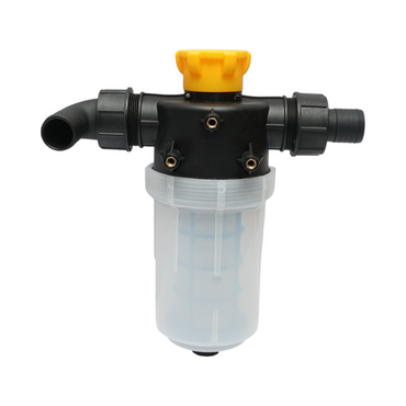 Transparent herbicide filter with mesh and self-cleaning valve, 38mm connection