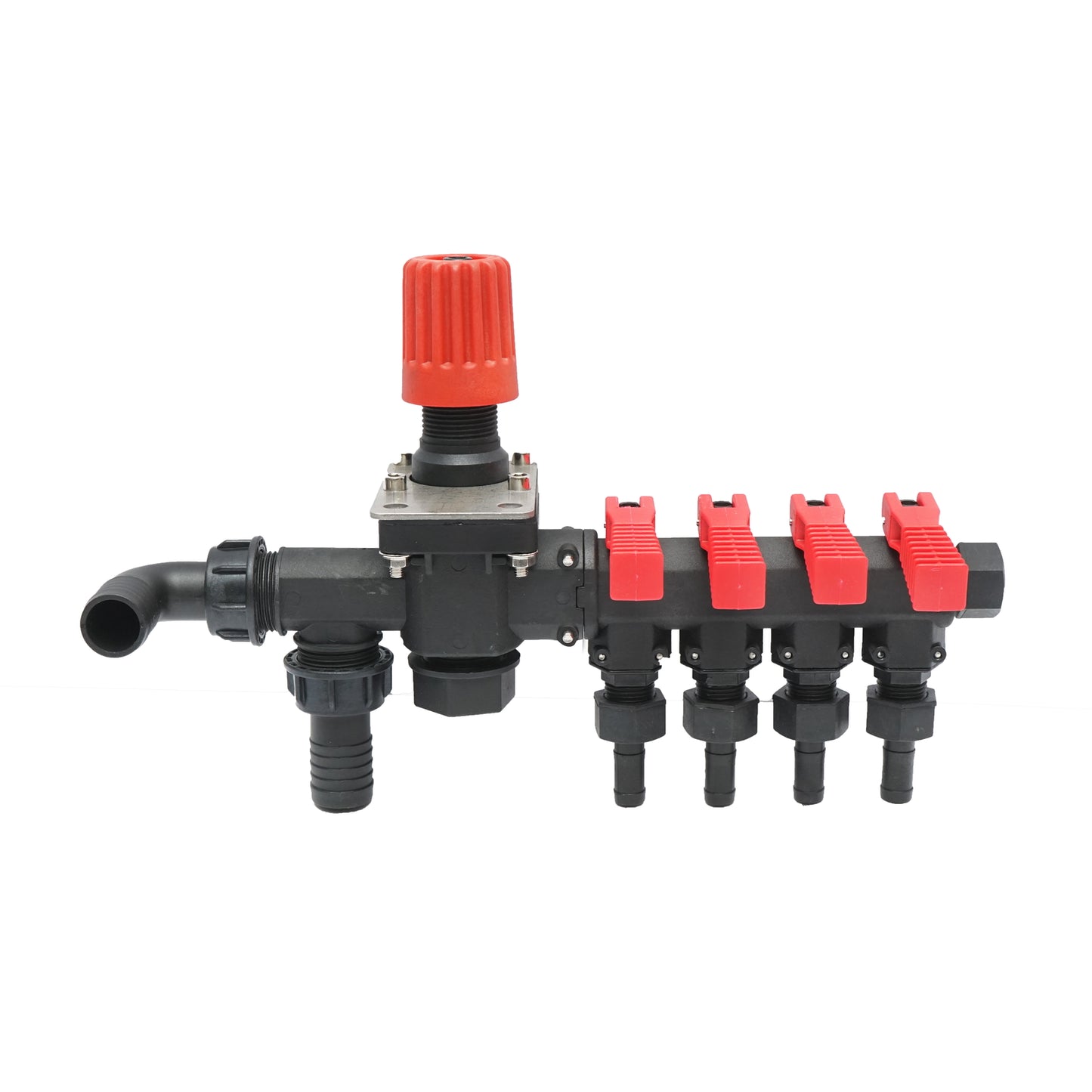 Distributor with 4 outlets and glycerin manometer for herbicide sprayer.