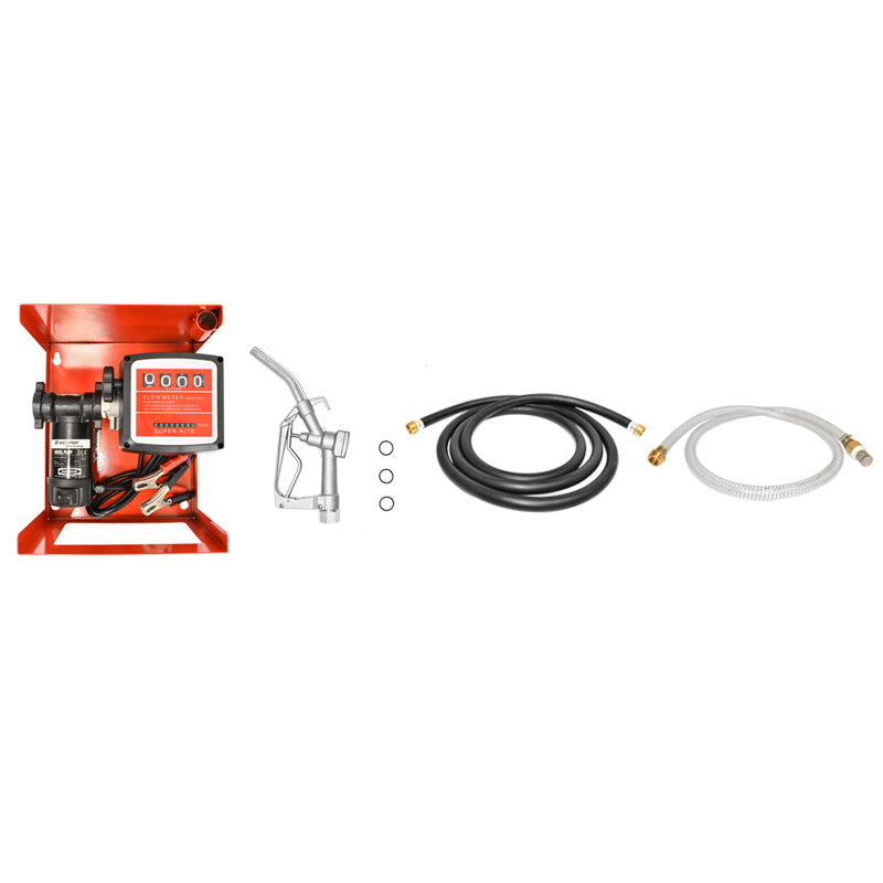 24V diesel transfer pump, flow rate 55L/min with counter, 1.5m suction hose, 4m pressure hose and nozzle.