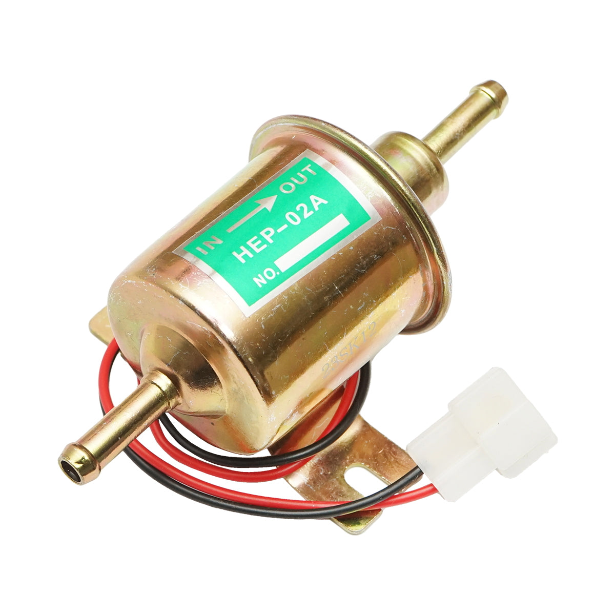 Universal electric fuel pump with integrated filter, 12V, L=145mm, dia 8mm for diesel/gasoline OEM YK-3118, HEP-02A