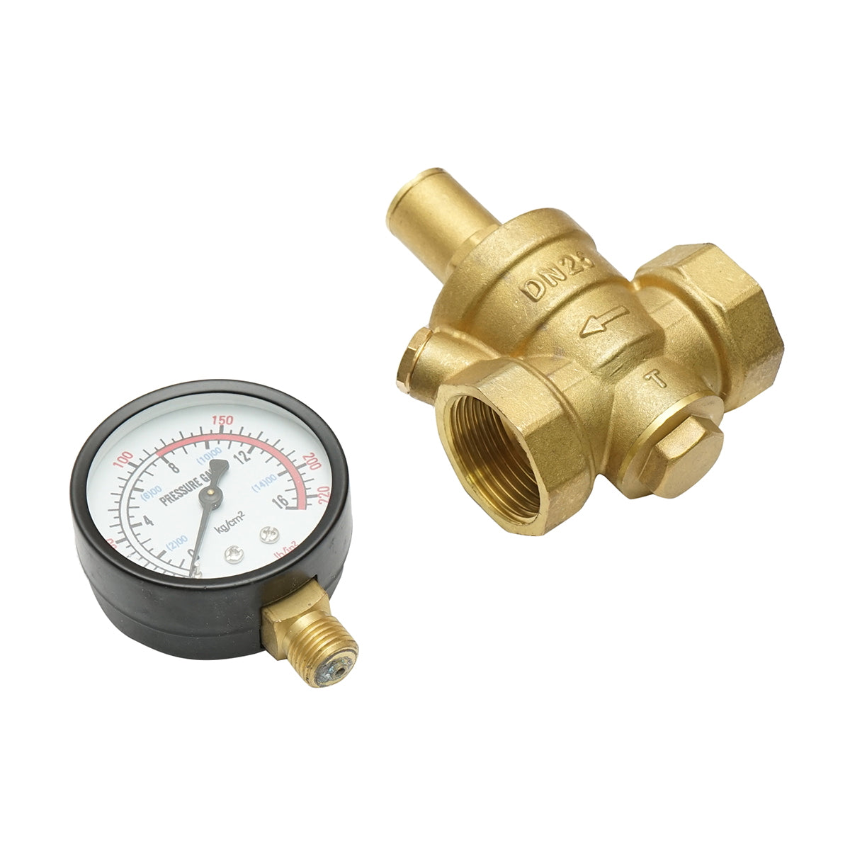 Water pressure reducer 1-1 tol, adjustable with filter mesh and pressure gauge DN25 for residential solar installations.