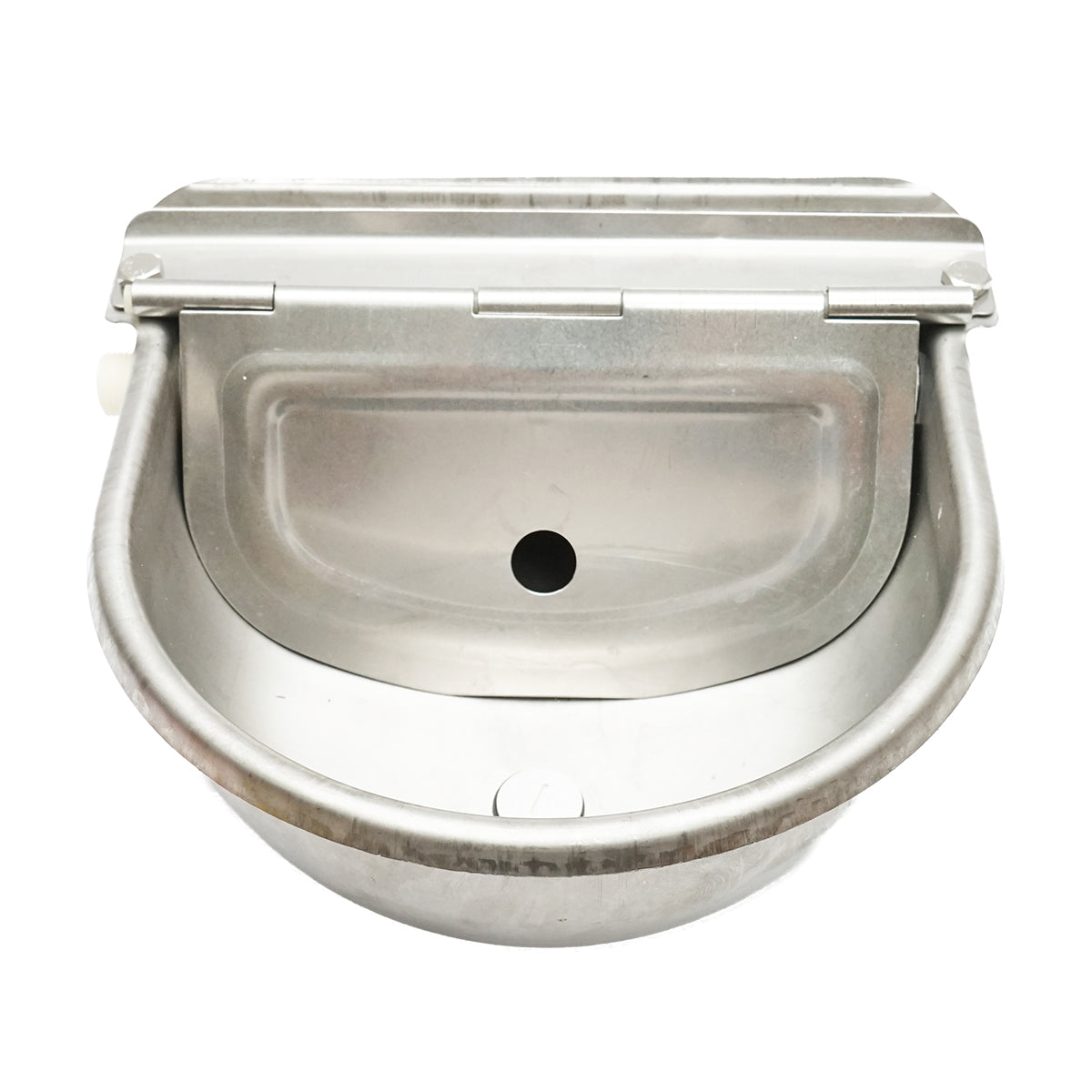 Stainless steel water trough for sheep with a constant level float, 2.5L 250x240x100mm and a 750mm hose with 1/2" thread, Breckner Germany.