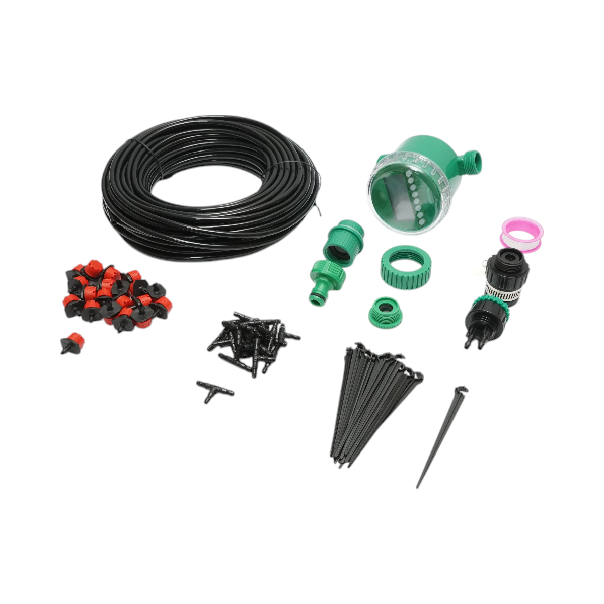 Complete drip irrigation kit with 25m hose, timer, nozzles, connectors, fixing stakes 66 pieces