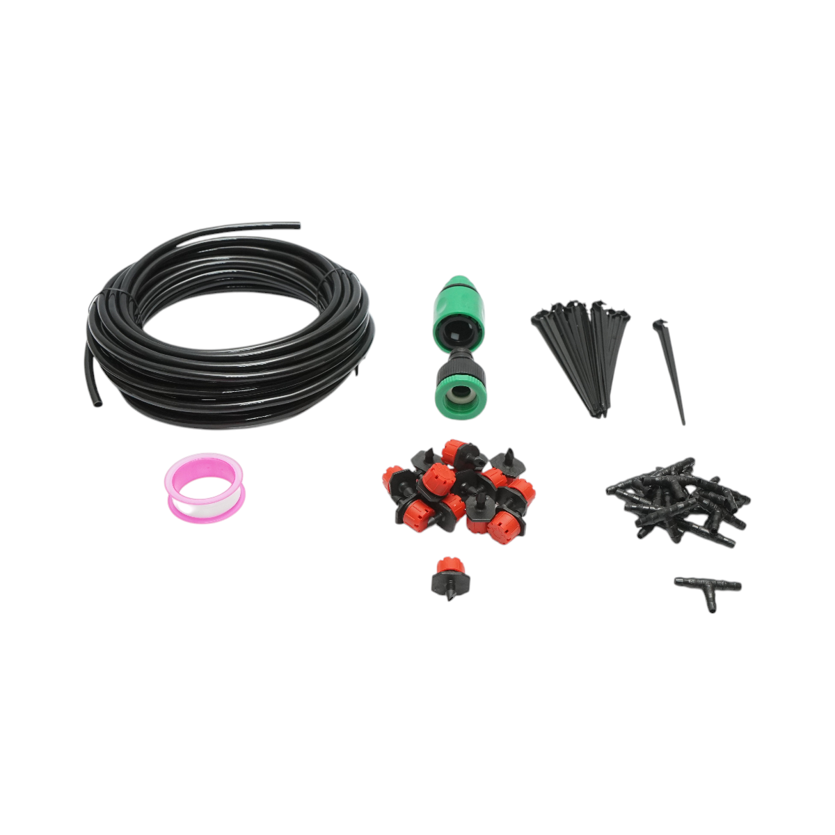 Complete drip irrigation kit with 10m hose, nozzles, connectors, fixing stakes - 49 pieces