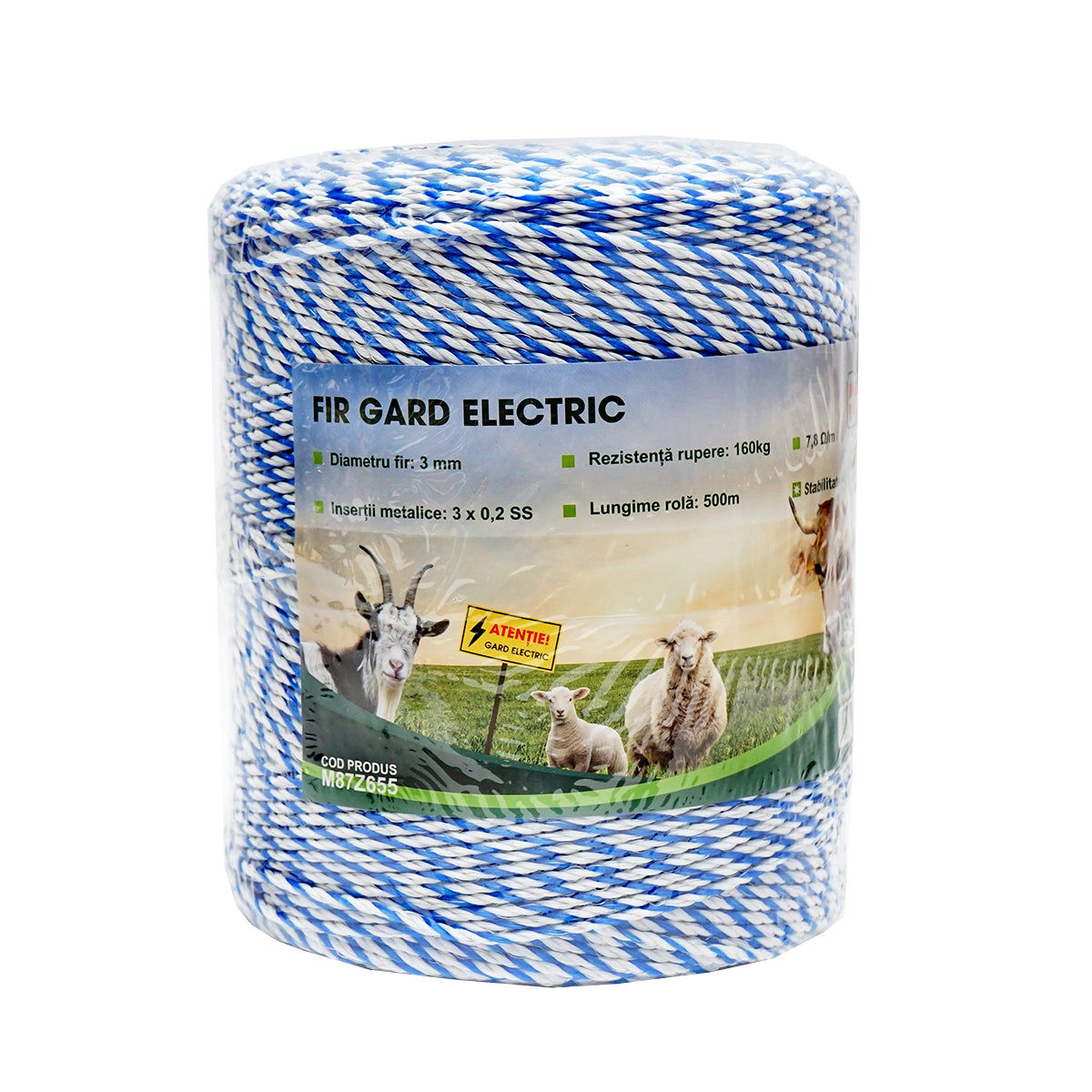 White-blue wire roll 3mm with metal insert 3x0.2mm SS, resistance 7.8 Ohm/m, 500m electric fence Mezofarm