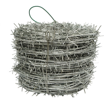 Galvanized barbed wire roll 250m, distance between barbs 11-14cm, for fencing.