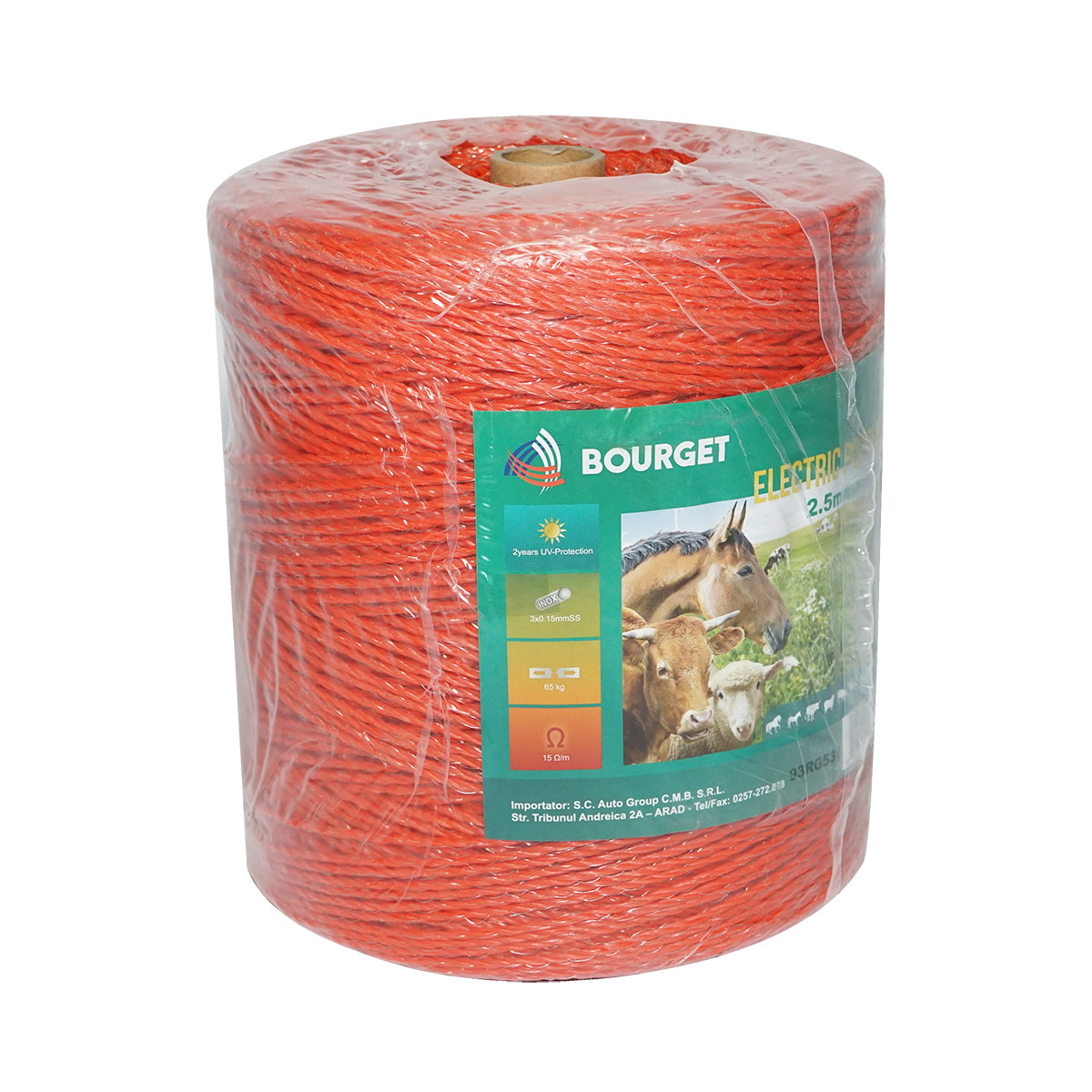 Orange wire roll 2.5mm 3x0.15mm SS, 1000m electric fence, resistance 15 Ohm Bourget