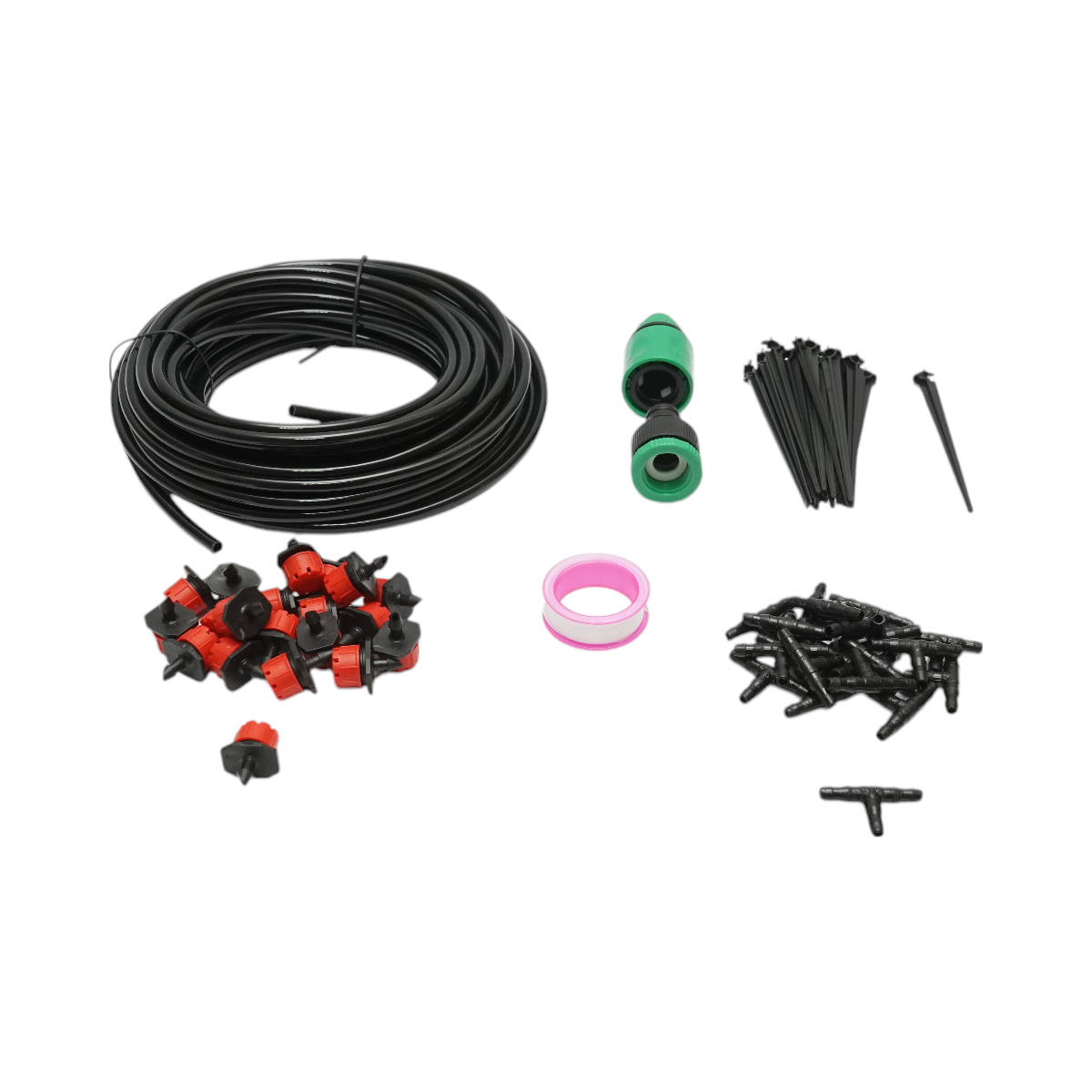 Complete drip irrigation kit with a 15.5m hose, nozzles, connectors, fixing stakes, 64 pieces.