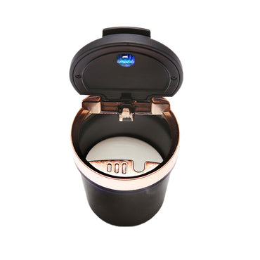 Universal car ashtray with black-gold ceramic bottom and blue LED light.