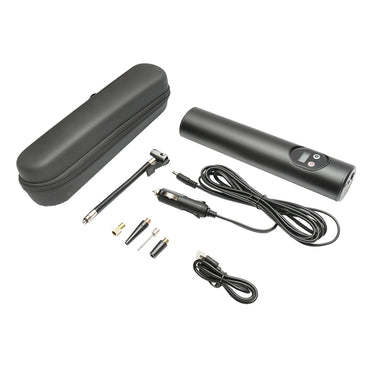 Black portable air compressor 12.4V 6000mAh rechargeable battery 250x56x47mm with accessories