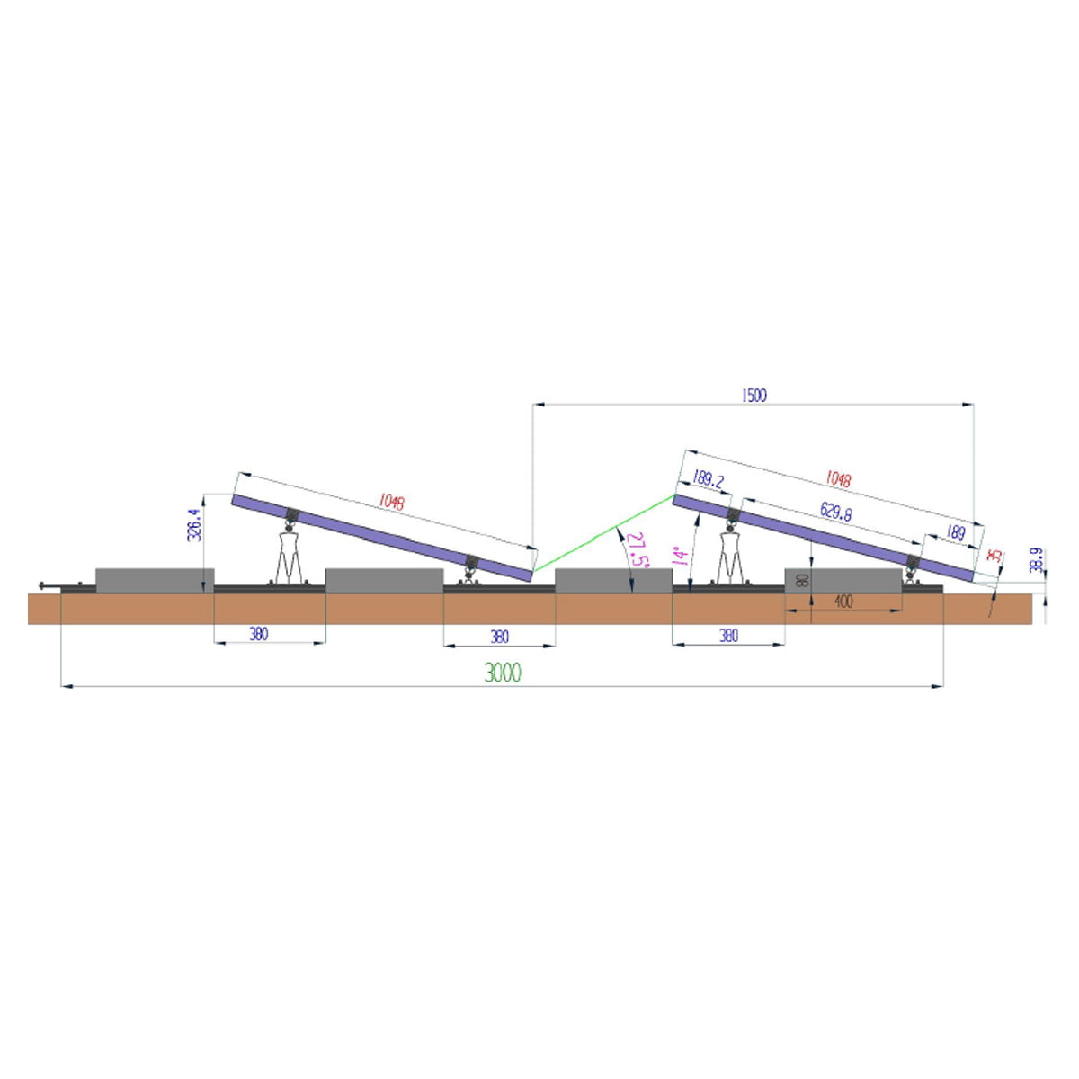 Complete mounting system, terrace structure for 10 solar photovoltaic panels at an angle of 10 degrees Breckner Germany