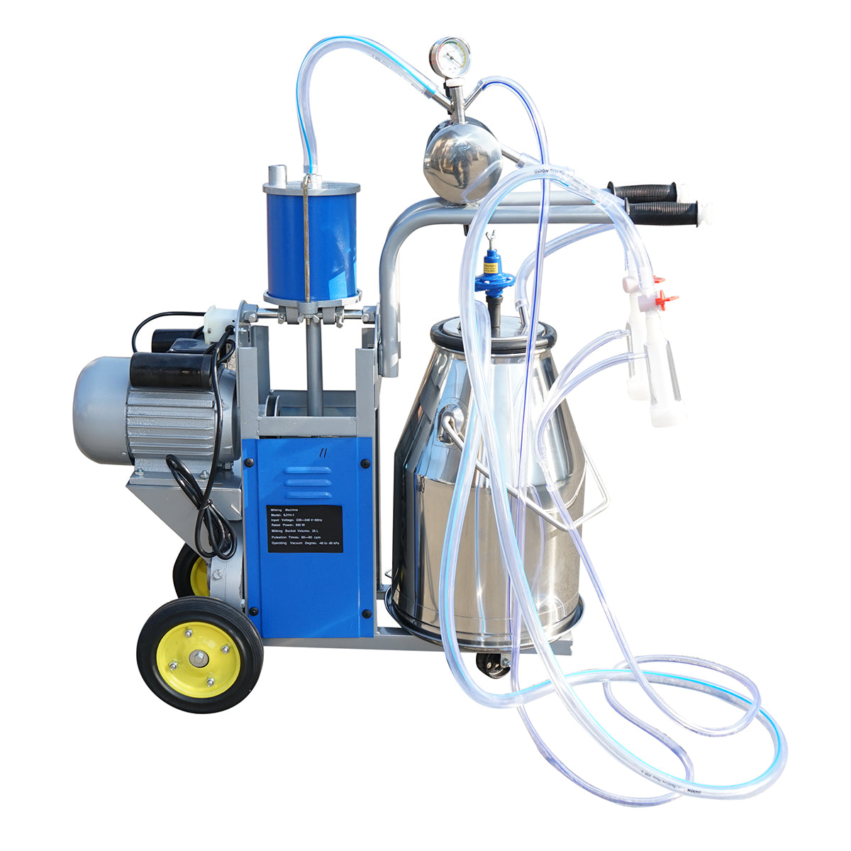 Single post milking machine 550W, 220V stainless steel 25L tank, milking group with 2 suction cups, vacuum pressure 45-50 kPa, pulsations 60-80 cpm