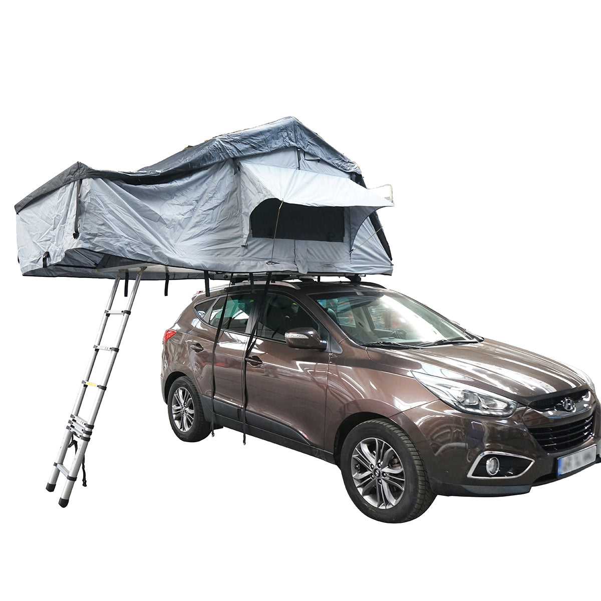 Waterproof car tent for 2 people, ceiling attachment with extension, platform, and ladder