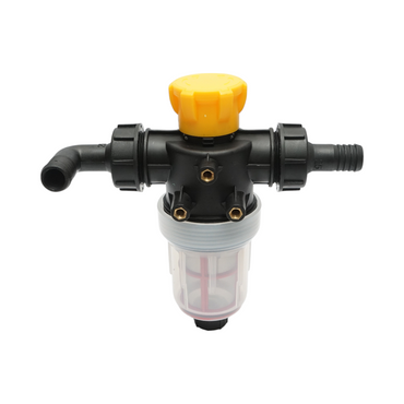 Transparent herbicide filter with mesh and self-cleaning valve, 25mm connection