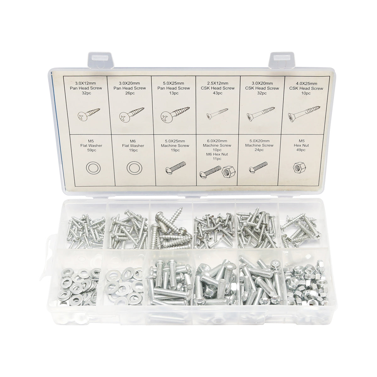 Wood and sheet metal screwdriver set, screws with cross head, nuts and flat washers, 347 pieces