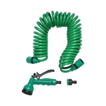 Spiral expandable garden hose 7.5m with adjustable pistol, 7 functions, 3/4 adapter, 1/2 quick coupling.
