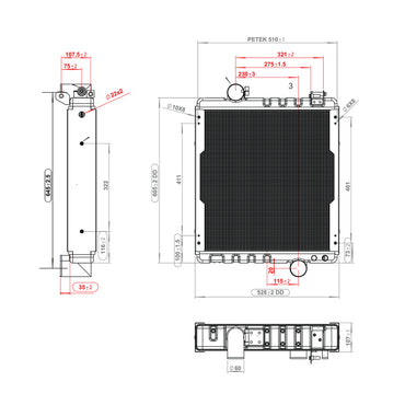 Water cooling radiator with 4 rows of cells for John Deere series 6000, 6005, 6010, 8000 OEM code AL110865, AL115002, AL115731, AL118774, AL118775, AL78001, 7700042320, 74712038