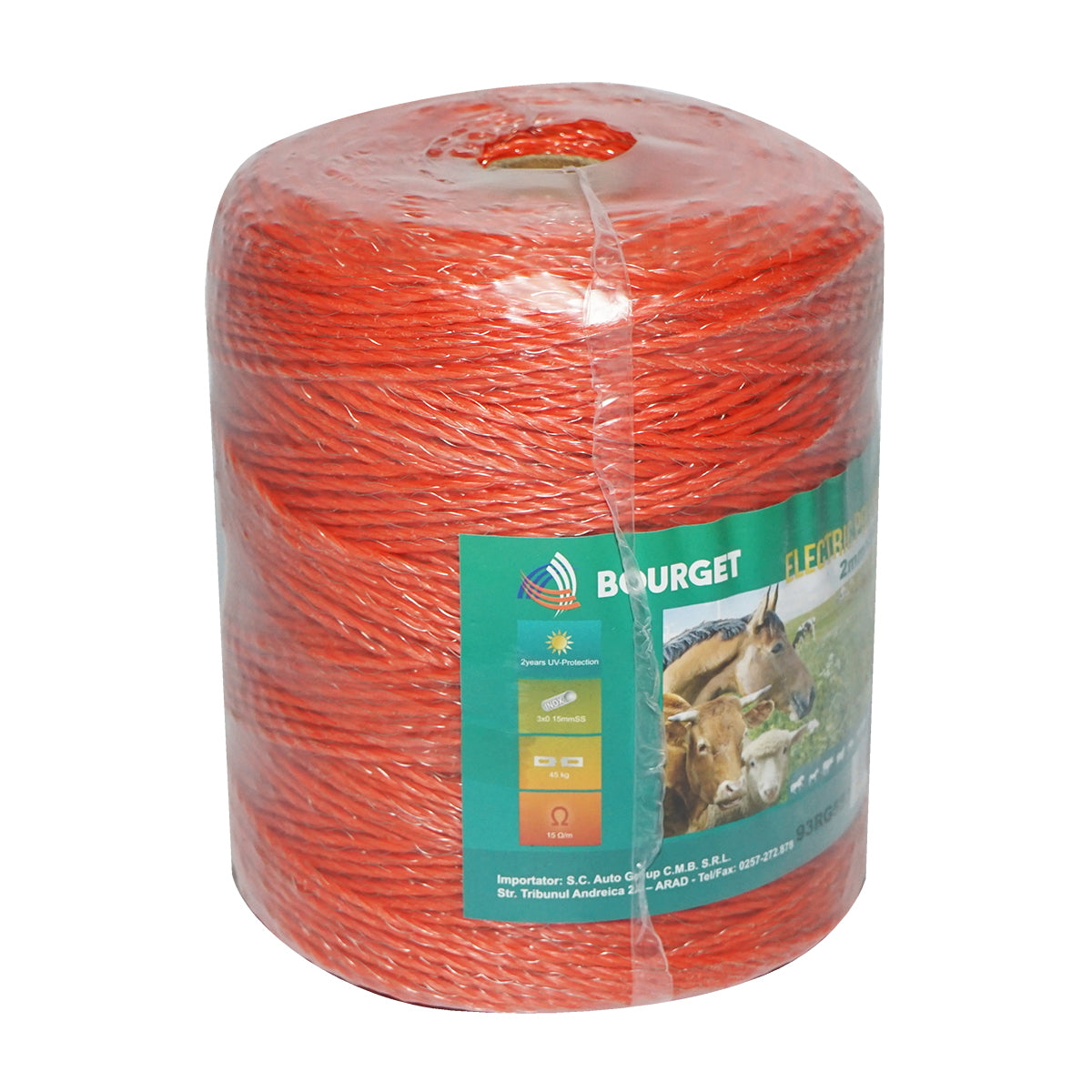 Orange wire reel with a diameter of 2mm, 3x0.15mm SS, 500m electric fence, resistance 15 Ohm Bourget.