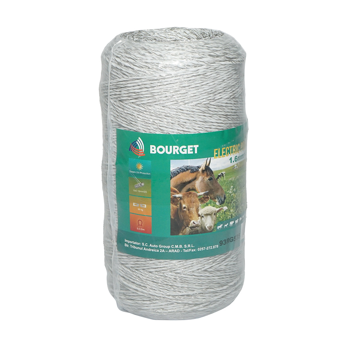White wire roll 1.6mm 6x0.16mm SS, 400m electric fence, resistance 5.5 Ohm Bourget