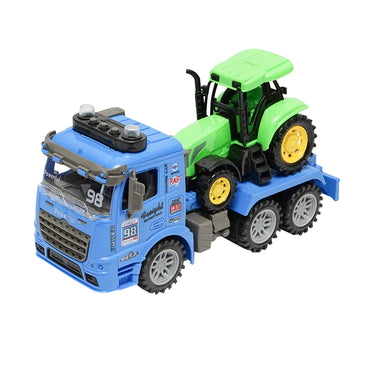 Blue trailer truck with authentic details on batteries together with a green toy tractor