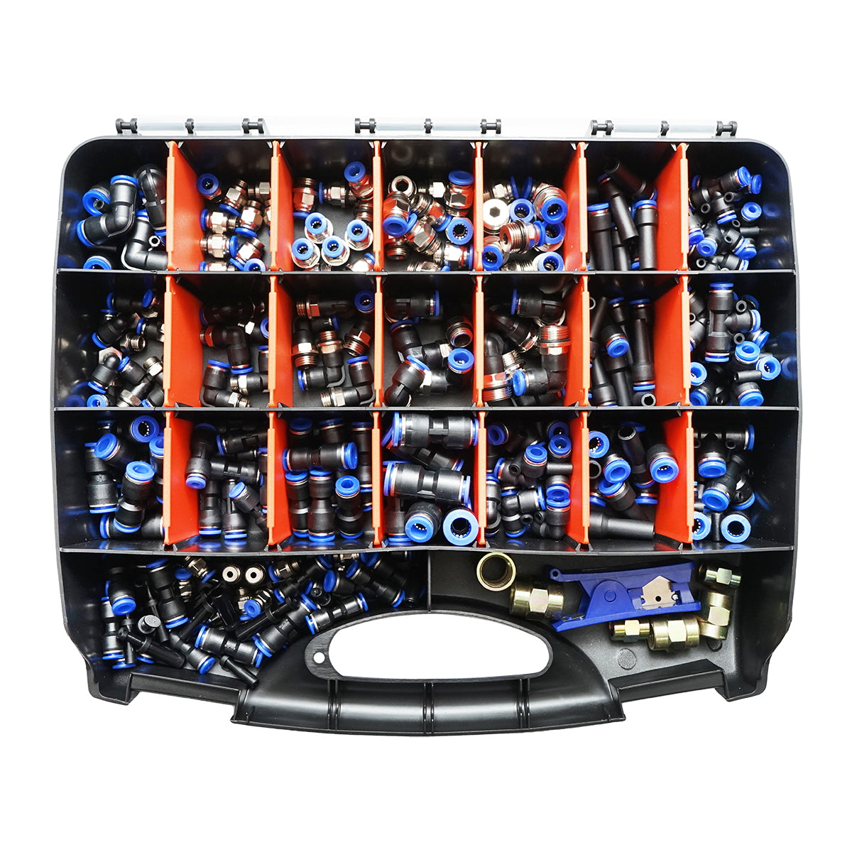 Tool kit of 242 pieces: polyamide hose cutting pliers, connectors, quick couplings, compressed air hose fittings Breckner Germany