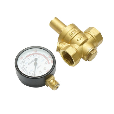 Water pressure reducing regulator 3/4-3/4, adjustable with filter sieve and pressure gauge DN20 for residential solar installations.