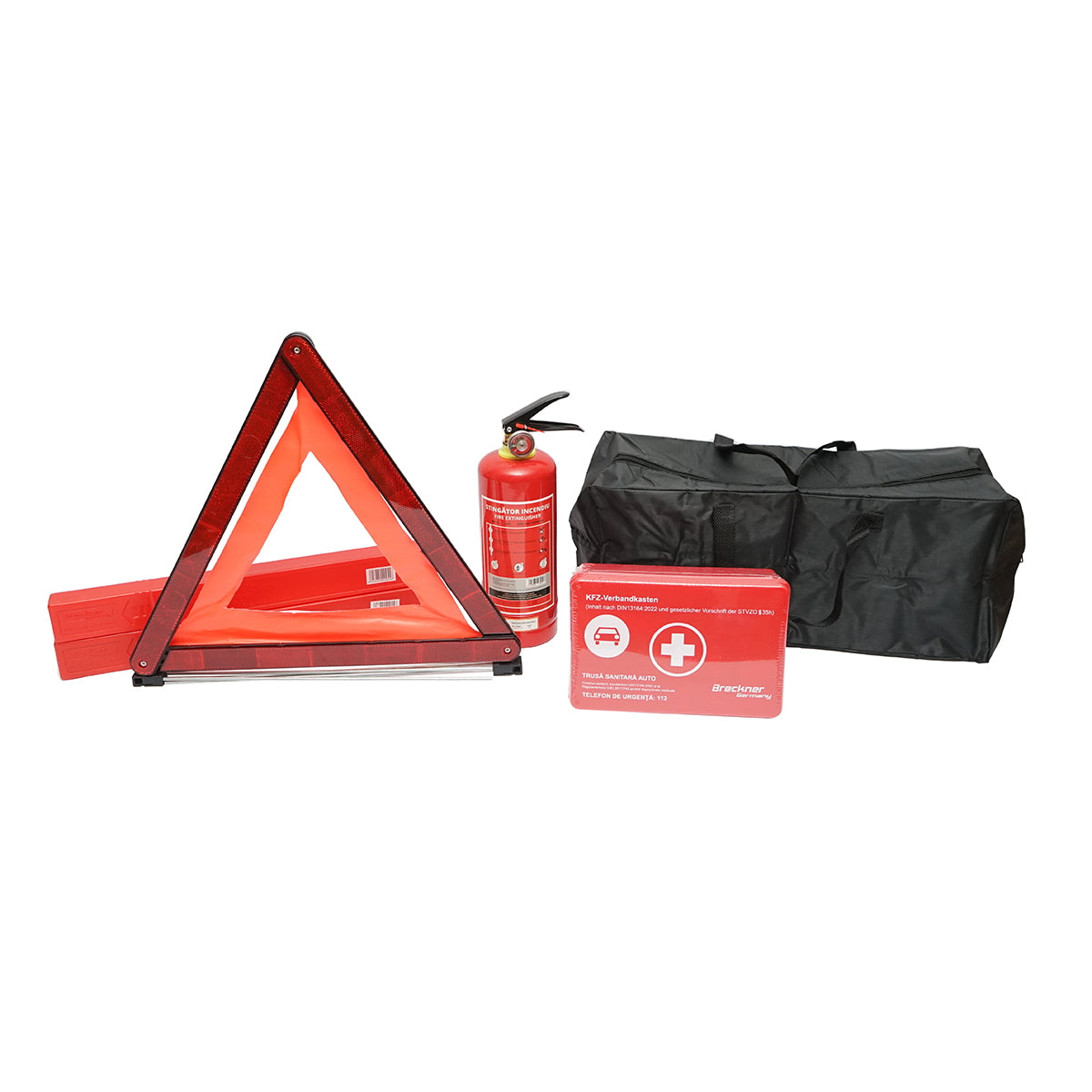 Car safety kit, mandatory legislative first aid package, medical kit, fire extinguisher, 2 warning triangles Breckner Germany