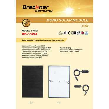 410W solar panel, monocrystalline photovoltaic, 37V, cable and MC4 connector, 1722x1134x35mm, Breckner Germany