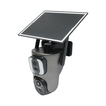Surveillance camera with dual lens 6MP, 4G, 2.4 GHz WIFI with solar panel, 13500 mAh battery, PTZ control, motion sensor, human detection PIR, smart IR night vision, and Ubox application.
