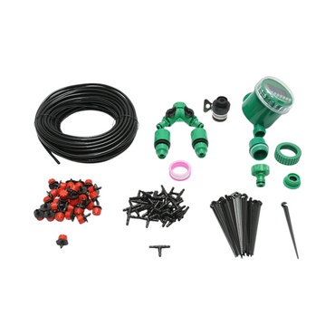 Complete drip irrigation kit with 25m hose, timer, nozzles, connectors, 100 stakes