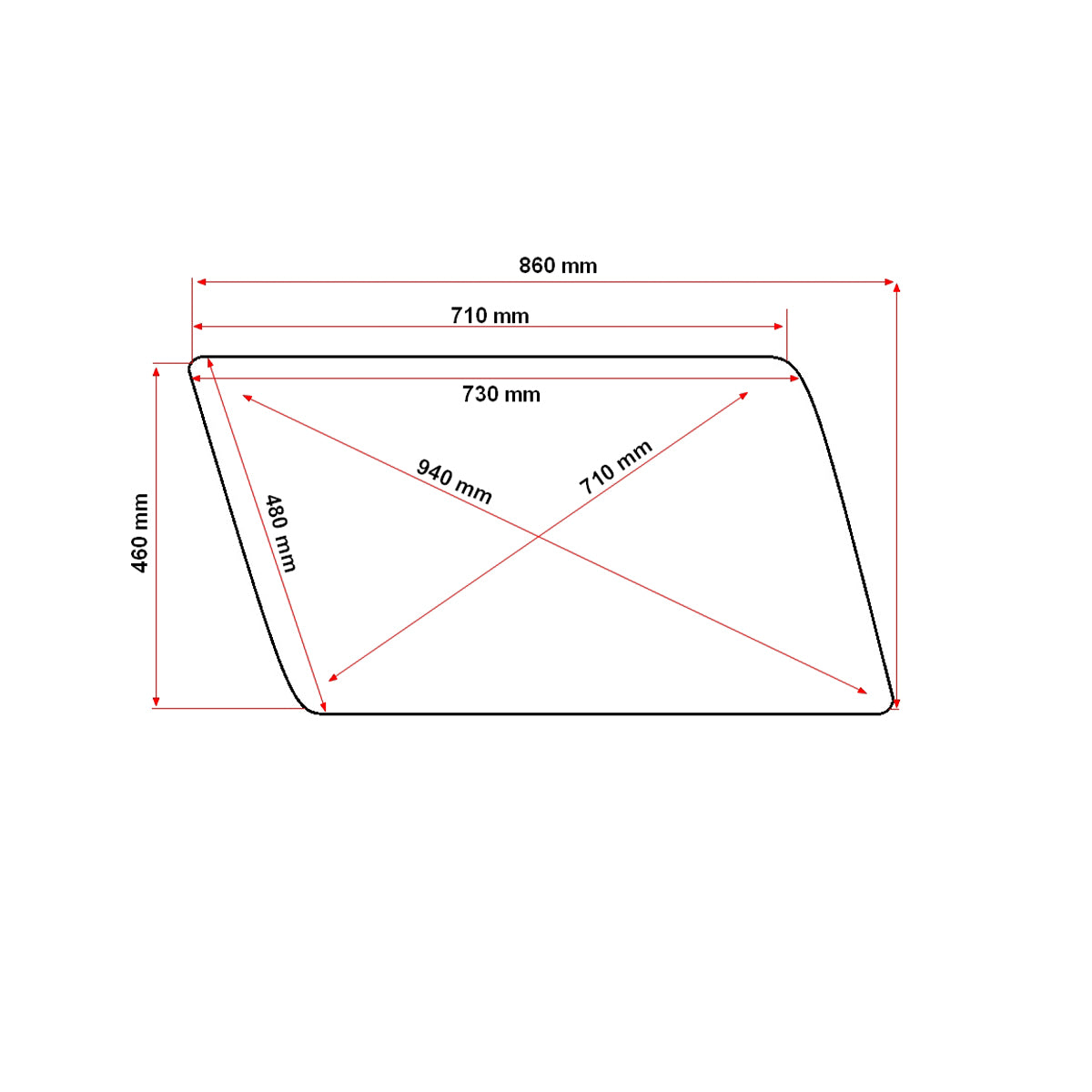 Window 860x460x4mm mobile side for new type UTB U-650 conical cabin