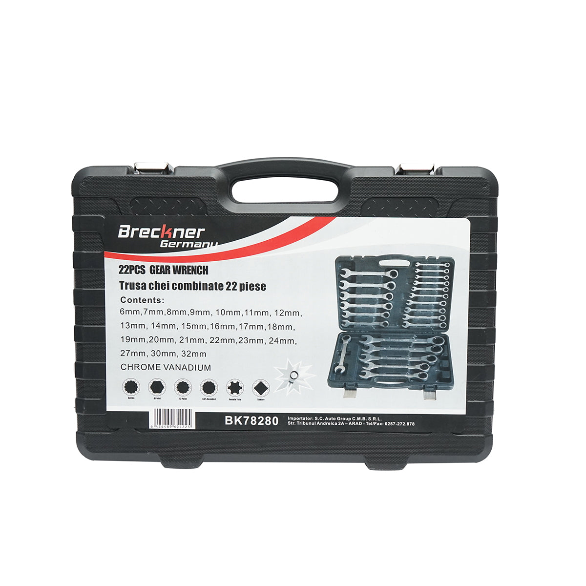 22-piece combination wrench set with ratchet 6-32mm CrV Breckner Germany