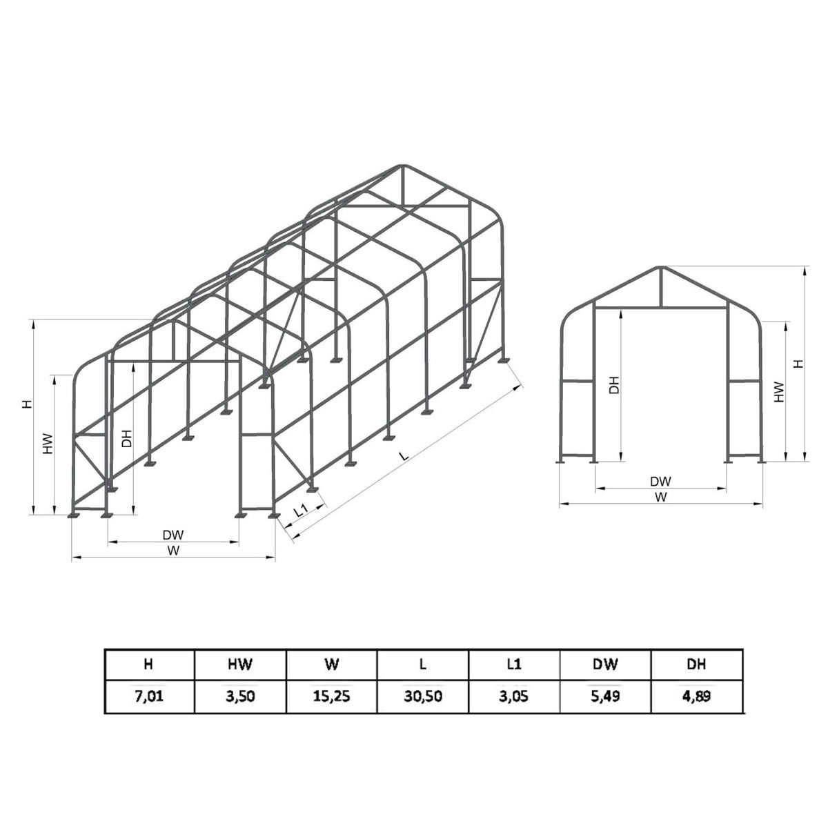 PVC industrial hall, width 15.25m, length 24.4m, height 7m with a metal load-bearing structure.
