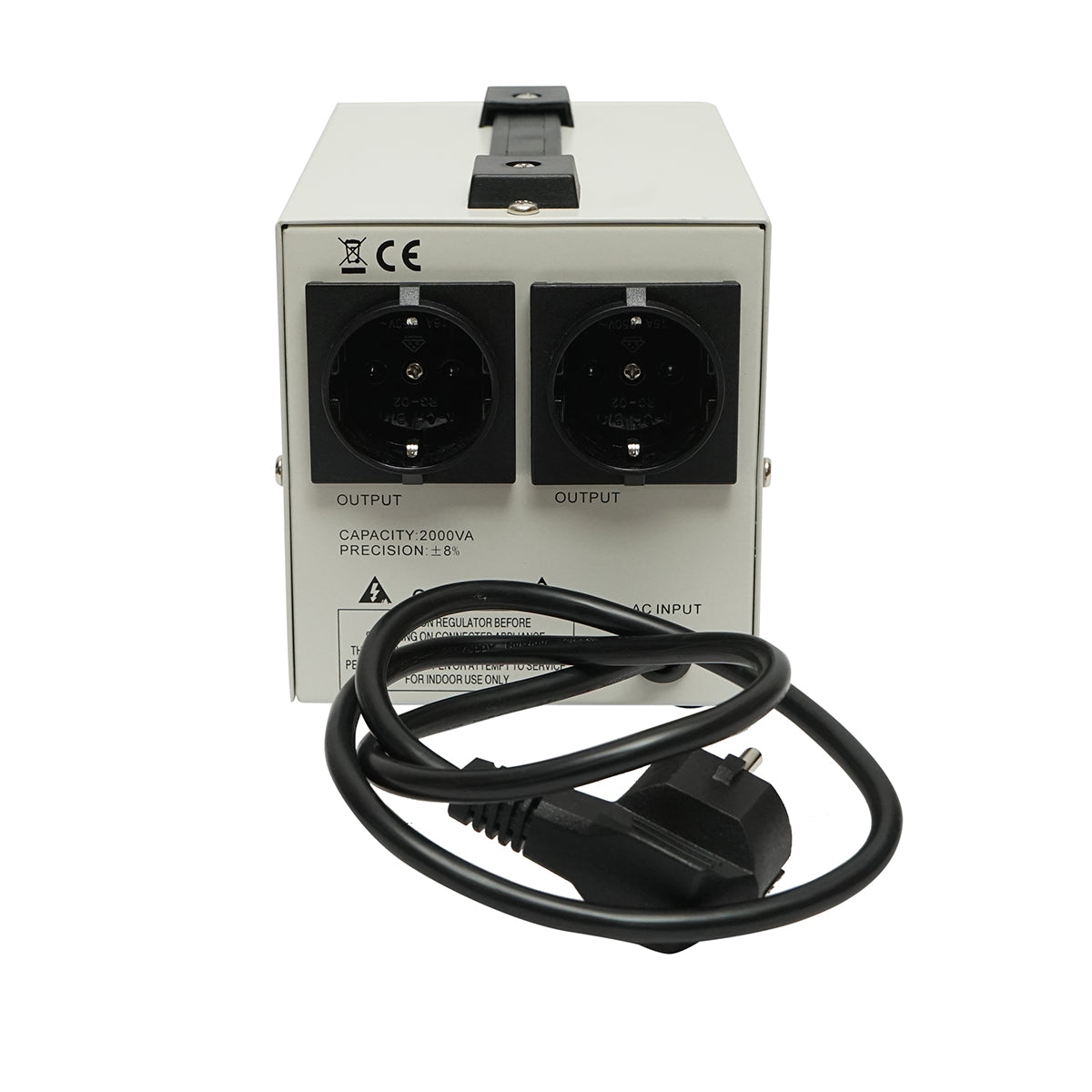 Single-phase automatic voltage stabilizer with relay 2000VA/140-260V, 2 Schuko sockets 230V, LCD display Breckner Germany